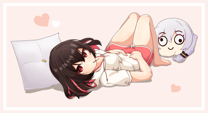 1girl absurdres bare_legs barefoot black_hair casual character_pillow commentary dark_persona dspring426 food food_in_mouth heart highres honkai_(series) honkai_impact_3rd looking_at_viewer lying multicolored_hair on_back pillow pocky red_eyes red_shorts redhead seele_(alter_ego) seele_vollerei short_hair short_sleeves shorts simple_background solo streaked_hair theresa_apocalypse white_hoodie