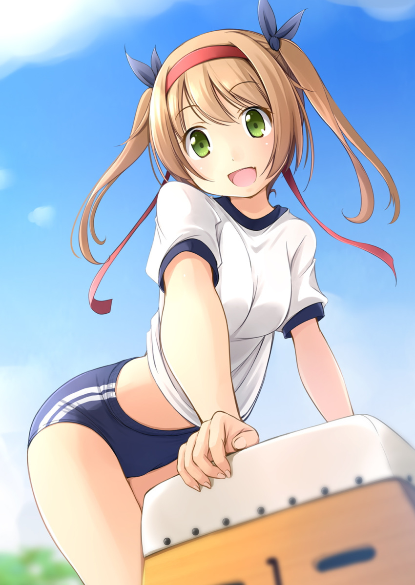 1girl brown_hair buruma green_eyes gym_uniform highres long_hair original outdoors shibacha solo stomach thighs twintails