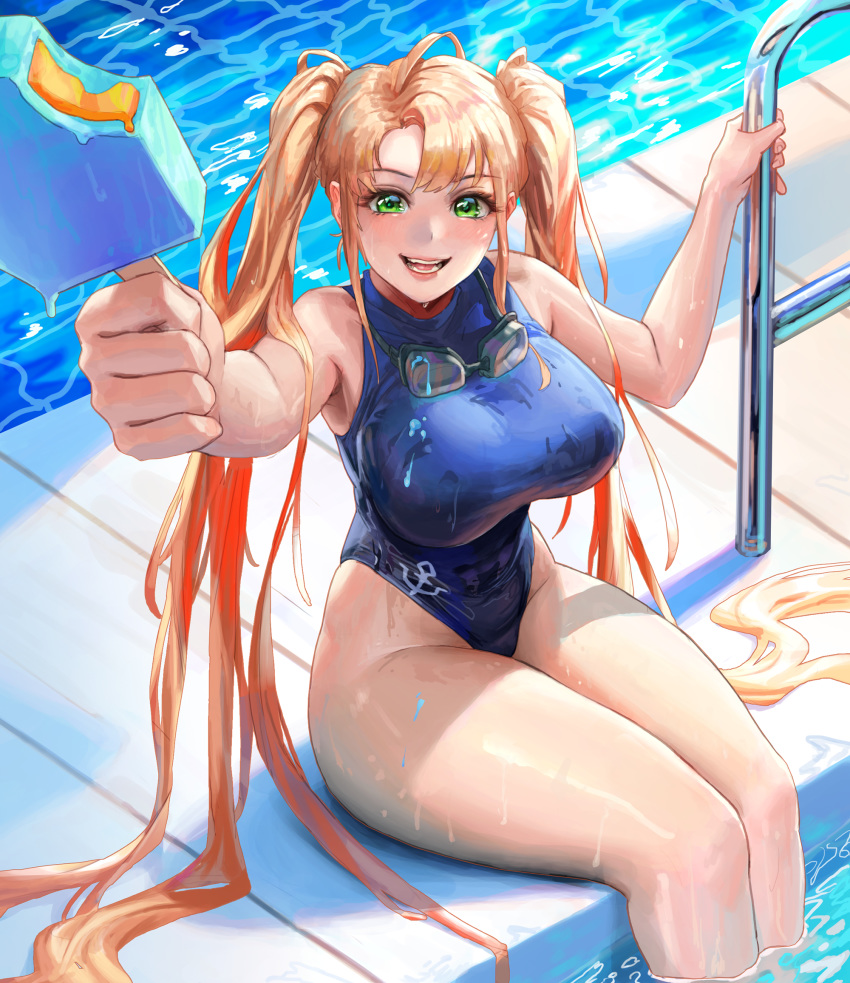 1girl ag-1_nereid bangs blush breasts food goggles goggles_around_neck green_eyes highres incoming_food large_breasts last_origin long_hair one-piece_swimsuit open_mouth orange_hair pool poolside popsicle smile solo swimsuit thigh-highs twintails very_long_hair wet wet_hair wonchun