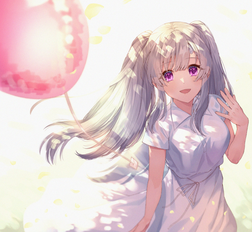 1girl :d balloon bandaid bandaid_on_forehead bangs breasts collared_dress commentary_request dress eyebrows_visible_through_hair from_above highres idolmaster idolmaster_shiny_colors long_hair looking_at_viewer looking_up matsusatoru_kouji medium_breasts open_mouth petals short_sleeves sidelocks silver_hair smile solo twintails violet_eyes white_dress yuukoku_kiriko