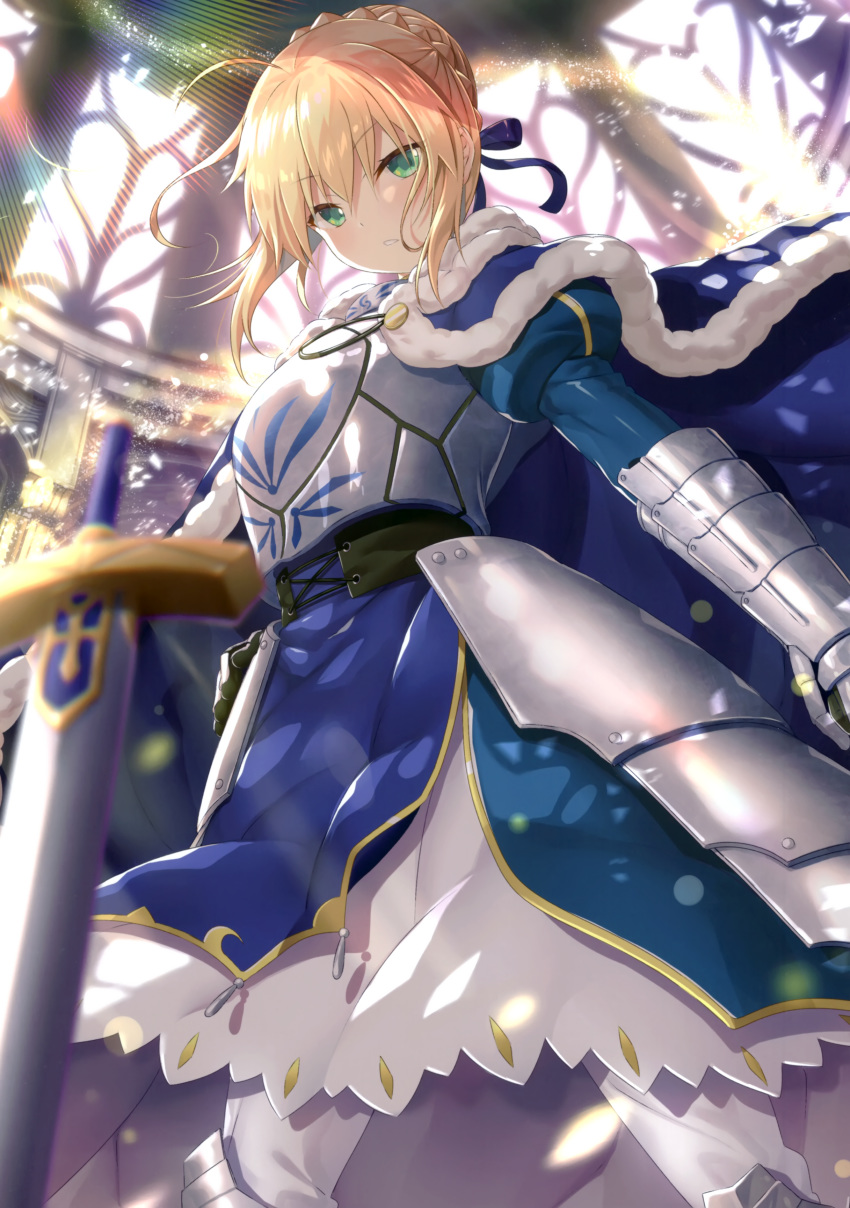 1girl absurdres ahoge armor armored_dress artoria_pendragon_(all) bangs blonde_hair blue_cape blue_dress blue_eyes blurry braid braided_bun cape dress excalibur eyebrows_visible_through_hair fate/stay_night fate_(series) fur-trimmed_cape fur_trim gauntlets hair_between_eyes hand_on_hip highres indoors long_dress looking_at_viewer puffy_sleeves saber scan shiny shiny_hair simple_background solo standing sword tied_hair weapon yano_mitsuki