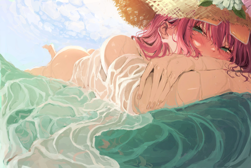 1girl absurdres ass azur_lane bangs bare_shoulders blush commentary day etchi_inoha_sukidesuka eyebrows_visible_through_hair eyewear_on_head flower green_eyes hair_between_eyes half-closed_eyes hat hat_flower highres long_hair looking_at_viewer lying on_stomach outdoors pink_hair sky solo straw_hat sun_hat sunglasses surcouf_(azur_lane) surcouf_(loisirs_balneaires)_(azur_lane) symbol_commentary water wet
