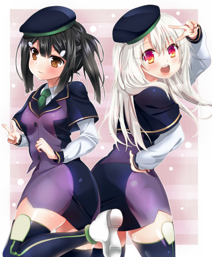 2girls absurdres ass atlas_academy_uniform bangs beret black_hair blue_capelet blue_headwear blue_legwear blush border breasts brown_eyes capelet closed_mouth dress fate/grand_order fate/kaleid_liner_prisma_illya fate_(series) hair_ornament hairclip hand_on_hip hat highres illyasviel_von_einzbern long_hair long_sleeves looking_at_viewer miyu_edelfelt momoiro_tanuki multiple_girls open_mouth pink_background purple_dress red_eyes small_breasts smile thigh-highs thighs twintails v white_border white_footwear white_hair