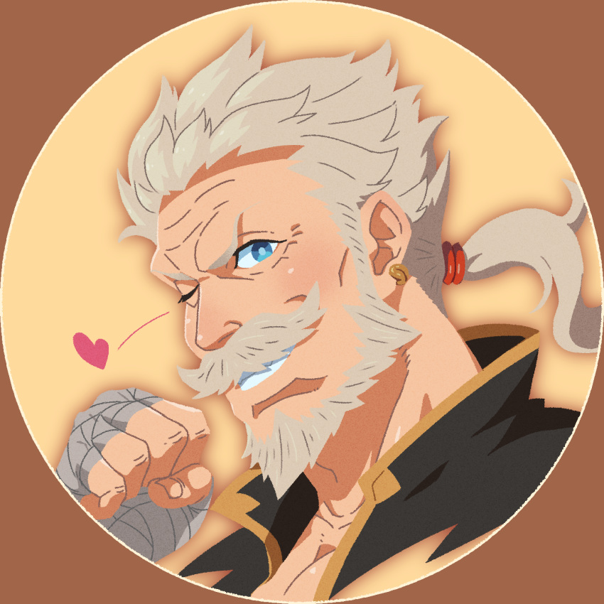 1boy bandages beard blue_eyes chest close-up earrings face facial_hair granblue_fantasy grey_hair heart highres jewelry long_hair looking_at_viewer manly mustache old_man one_eye_closed portrait smith_(ardp13) soriz tied_hair