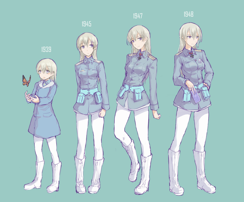 1girl absurdres age_progression alternate_costume aqua_background blonde_hair blush_stickers boots brave_witches bug butterfly eila_ilmatar_juutilainen hair_between_eyes hand_on_hip highres insect iron_cross knee_boots long_hair looking_to_the_side military military_uniform multiple_views older pantyhose pigeon-toed pondo_(peng-model) smile strike_witches tarot uniform violet_eyes world_witches_series younger