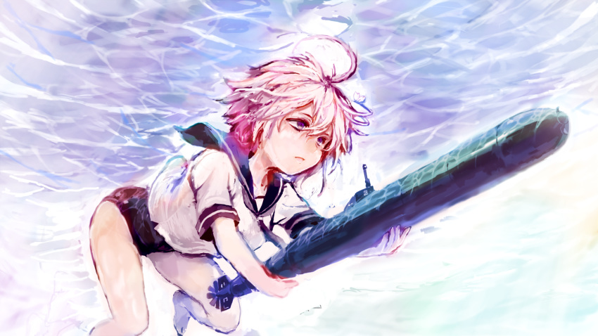 1girl ahoge bangs barefoot closed_mouth hair_between_eyes hair_ornament holding holding_torpedo i-58_(kantai_collection) kantai_collection one-piece_swimsuit pink_hair sailor_collar school_swimsuit short_hair short_sleeves solo sowamame swimsuit swimsuit_under_clothes torpedo underwater violet_eyes water
