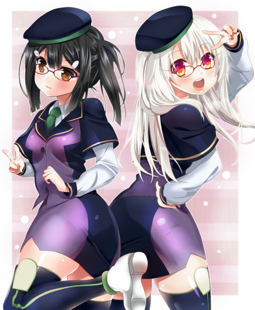 2girls absurdres ass atlas_academy_uniform bangs beret black_hair blue_capelet blue_headwear blue_legwear blush border breasts brown_eyes capelet closed_mouth dress fate/grand_order fate/kaleid_liner_prisma_illya fate_(series) glasses hair_ornament hairclip hand_on_hip hat highres illyasviel_von_einzbern long_hair long_sleeves looking_at_viewer miyu_edelfelt momoiro_tanuki multiple_girls open_mouth pink_background purple_dress red_eyes small_breasts smile thigh-highs thighs twintails v white_border white_footwear white_hair