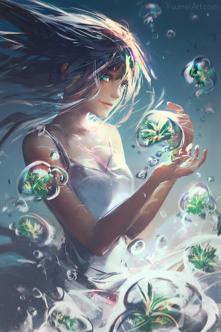 1girl air_bubble aqua_eyes bangs black_hair breasts bubble commentary commission dress english_commentary highres long_hair looking_at_viewer making-of_available original plant sleeveless small_breasts solo underwater watermark web_address wenqing_yan white_dress