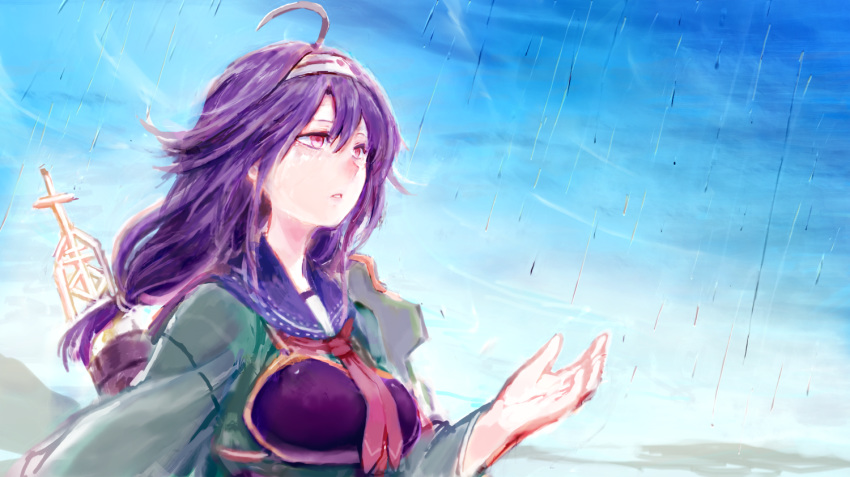 1girl ahoge blue_sailor_collar day green_kimono hair_flaps hairband japanese_clothes kantai_collection kimono long_hair long_sleeves low-tied_long_hair muneate neckerchief outdoors parted_lips purple_hair quiver rain red_eyes red_neckwear rigging ryuuhou_(kantai_collection) sailor_collar solo sowamame taigei_(kantai_collection) upper_body