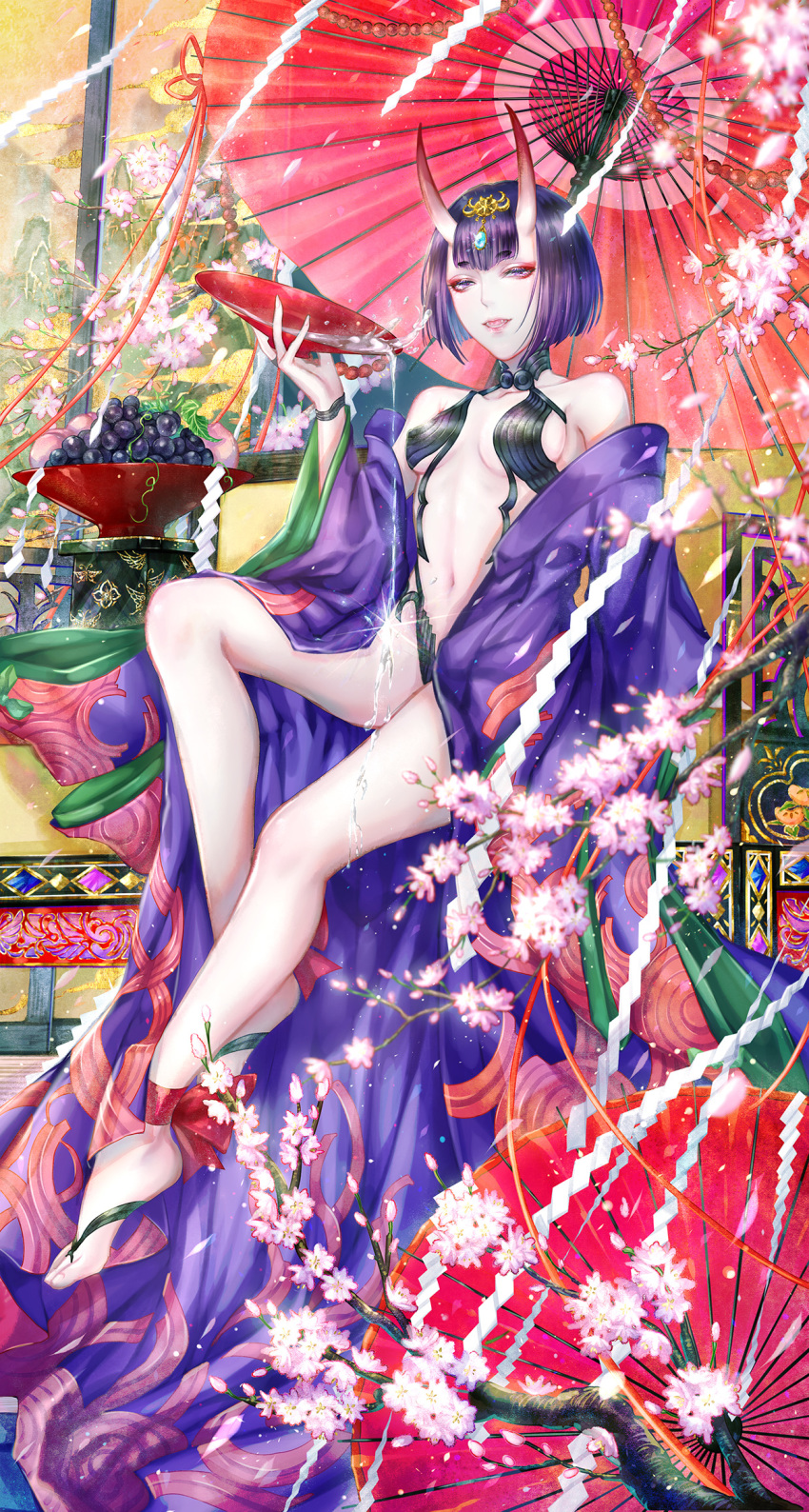 1girl alcohol ankle_ribbon bangs bare_shoulders barefoot_sandals bob_cut breasts bridal_gauntlets collarbone cup eyeliner fate/grand_order fate_(series) food fruit fruit_bowl grapes headpiece highres horns japanese_clothes kimono legs long_sleeves looking_at_viewer makeup navel off_shoulder oni oni_horns open_clothes open_kimono oriental_umbrella parted_lips peach pouring purple_hair purple_kimono red_ribbon revealing_clothes ribbon sakazuki sake short_hair shuten_douji_(fate/grand_order) skin-covered_horns small_breasts umbrella violet_eyes wide_sleeves yan_chunqui
