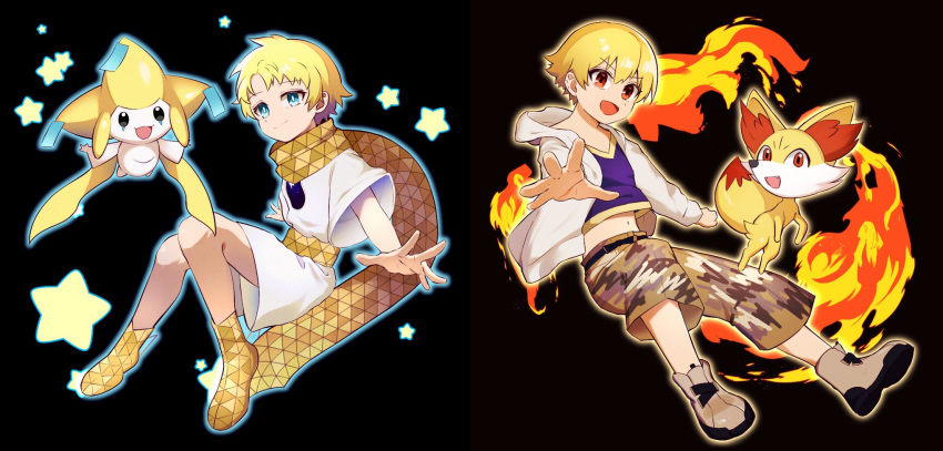 2boys black_background blonde_hair blue_eyes child_gilgamesh crossover fate/hollow_ataraxia fate/requiem fate_(series) fennekin fire full_body gen_3_pokemon gen_6_pokemon highres hood hoodie jirachi male_focus midriff multiple_boys mythical_pokemon navel nen_5050 open_mouth pokemon red_eyes scarf shorts simple_background smile star_(symbol) voyager_(fate/requiem)