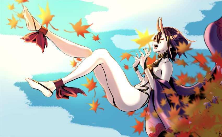 1girl ankle_ribbon artist_request bangs bare_shoulders blue_sky bob_cut breasts bridal_gauntlets closed_eyes collarbone eyeliner fate/grand_order fate_(series) headpiece highres horns japanese_clothes kimono leaf legs long_sleeves makeup maple_leaf navel off_shoulder oni oni_horns open_clothes open_kimono open_mouth purple_hair purple_kimono red_ribbon revealing_clothes ribbon short_hair shuten_douji_(fate/grand_order) skin-covered_horns sky small_breasts smile violet_eyes wide_sleeves
