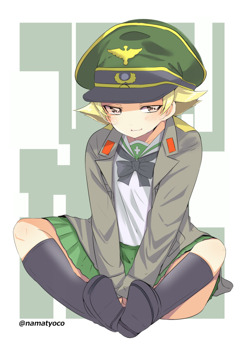 1girl black_bow black_footwear black_neckwear blonde_hair blouse boots bow brown_eyes brown_jacket closed_mouth commentary erwin_(girls_und_panzer) full_body girls_und_panzer green_headwear green_skirt half-closed_eyes hat highres jacket light_blush long_sleeves looking_at_viewer military_hat military_jacket miniskirt namatyoco ooarai_school_uniform open_clothes open_jacket peaked_cap pleated_skirt pointy_hair sailor_collar school_uniform short_hair sitting skirt smile solo twitter_username v_arms white_blouse white_sailor_collar