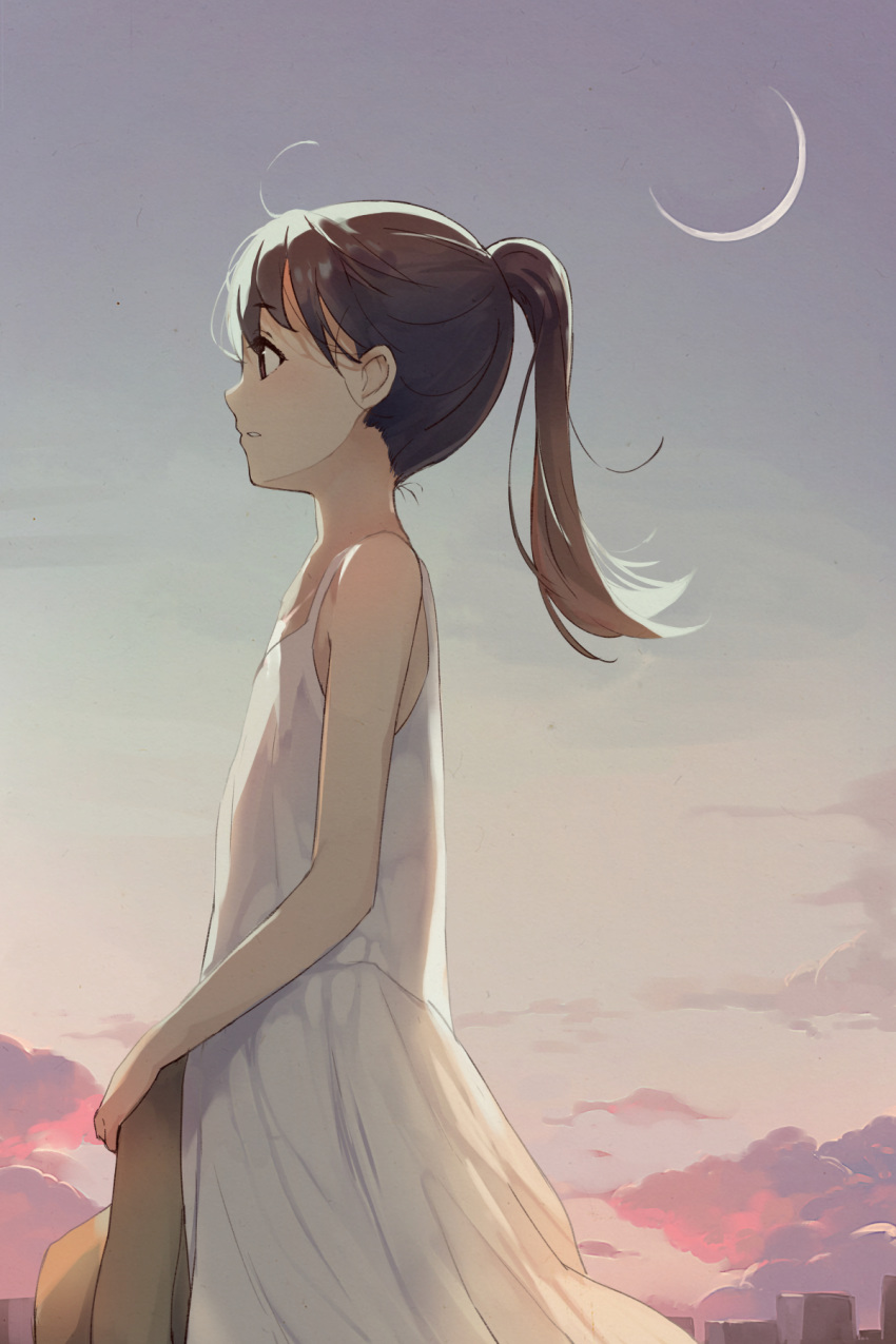 1girl ahoge bare_arms bare_shoulders blue_sky blush brown_eyes brown_hair brown_headwear clouds commentary_request crescent_moon day dress from_side hat hat_removed headwear_removed highres hiroki_(yyqw7151) holding holding_clothes holding_hat long_hair moon original outdoors parted_lips ponytail profile sky sleeveless sleeveless_dress solo sundress