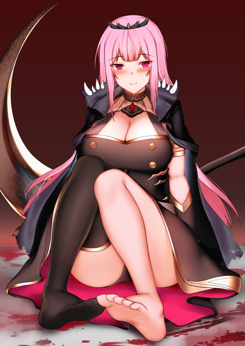 1girl barefoot black_legwear blood blood_splatter blush breasts closed_mouth commentary english_commentary full_body highres hololive hololive_english kitsune_udon_(ai_br) large_breasts long_hair mori_calliope pink_eyes pink_hair scythe shoulder_spikes single_thighhigh sitting smile solo spikes thigh-highs very_long_hair virtual_youtuber