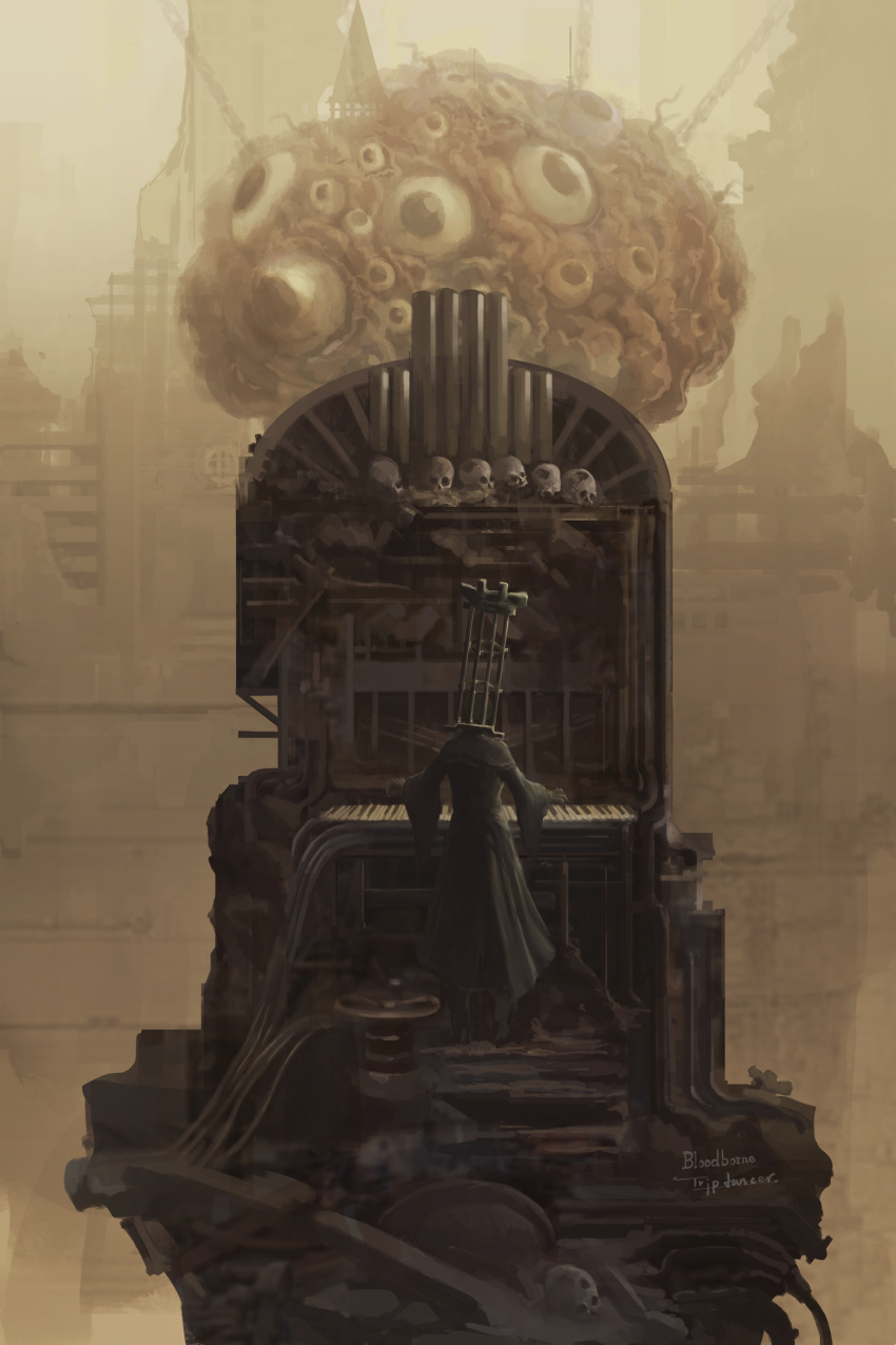 1boy artist_name black_cloak bloodborne brain brain_of_mensis cage chain cloak commentary_request copyright_name extra_eyes facing_away from_behind highres horror_(theme) instrument long_sleeves machinery micolash_host_of_the_nightmare muted_color organ scenery skull tripdancer wide_sleeves