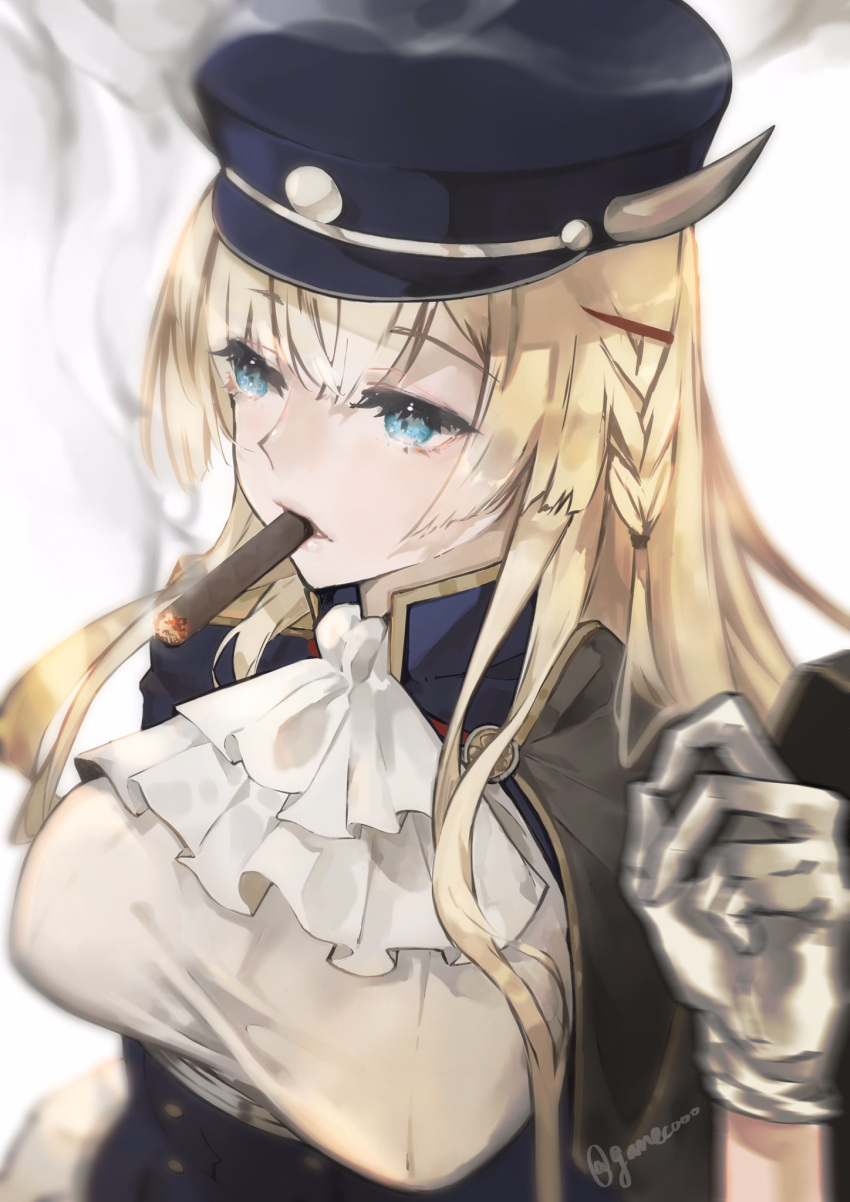 1girl azur_lane blonde_hair blue_eyes blue_headwear blue_jacket blurry blurry_background blurry_foreground braid breasts cigar cravat depth_of_field double-breasted eyelashes gloves grey_gloves hand_up hat highres horns horns_through_headwear jacket kongou_(azur_lane) large_breasts long_hair mouth_hold neko_(ganecooo) side_braid smoke smoking solo twitter_username upper_body white_background white_neckwear