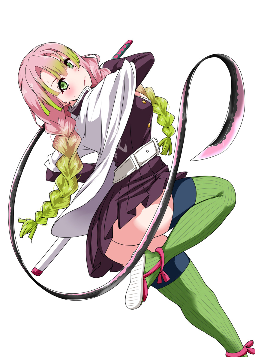 1girl ass belt braid cape closed_mouth dutch_angle from_side gradient_hair green_eyes green_hair green_legwear highres holding holding_weapon jacket kanroji_mitsuri kimetsu_no_yaiba long_hair looking_at_viewer looking_to_the_side mole mole_under_eye multicolored_hair pink_hair purple_jacket purple_skirt sandals scabbard sheath simple_background skirt solo standing standing_on_one_leg thigh-highs twin_braids unsheathed weapon whip_sword white_background white_belt white_cape yopparai_oni