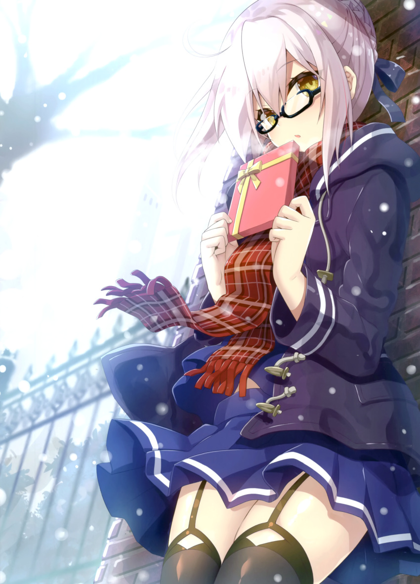 1girl absurdres ahoge artoria_pendragon_(all) black-framed_eyewear black_legwear blonde_hair blush box fate/grand_order fate_(series) garter_straps gift gift_box glasses highres jacket looking_at_viewer mysterious_heroine_x_(alter) parted_lips plaid plaid_scarf red_scarf scan scarf school_uniform semi-rimless_eyewear snow solo thigh-highs under-rim_eyewear valentine yano_mitsuki yellow_eyes