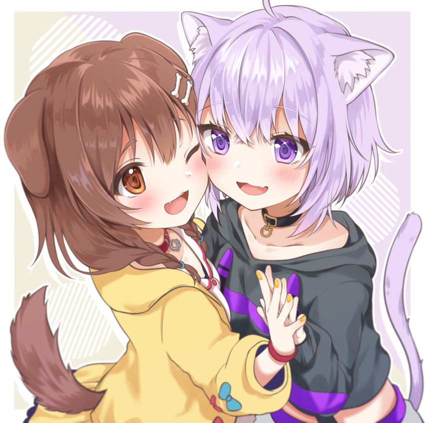 2girls absurdres ahoge animal_ear_fluff animal_ears blush bone_hair_ornament braid brown_eyes brown_hair cat_ears cat_tail cheek-to-cheek collar collarbone commentary_request dog_ears dog_tail eyebrows_visible_through_hair fang hair_between_eyes highres holding_hands hololive inugami_korone long_sleeves multiple_girls nail_polish nekomata_okayu nufucha purple_hair skin_fang tail twin_braids violet_eyes virtual_youtuber yellow_nails