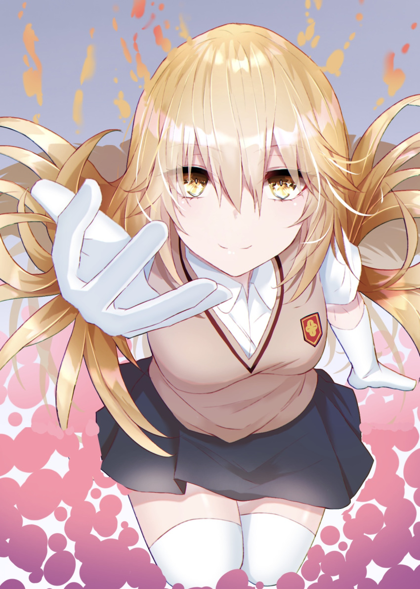 +_+ 1girl blonde_hair breasts closed_mouth commentary_request dande_cat gloves highres large_breasts long_hair looking_at_viewer school_uniform shirt shokuhou_misaki skirt smile solo sweater_vest symbol-shaped_pupils thigh-highs to_aru_kagaku_no_railgun to_aru_majutsu_no_index tokiwadai_school_uniform white_gloves white_legwear white_shirt yellow_eyes zettai_ryouiki