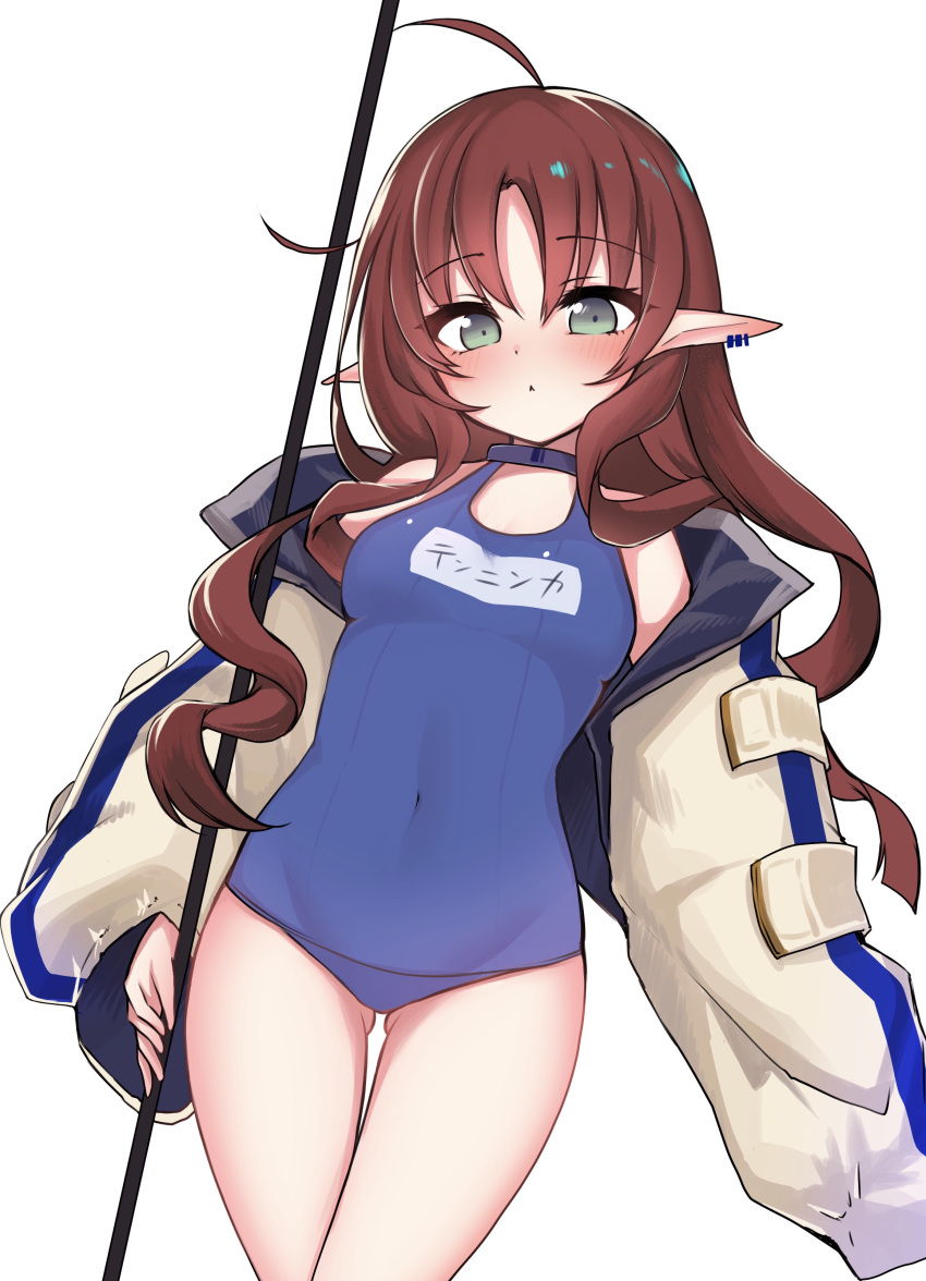 1girl absurdres arknights brown_hair green_eyes highres jacket long_hair myrtle_(arknights) name_tag pointy_ears school_swimsuit simple_background solo swimsuit thighs