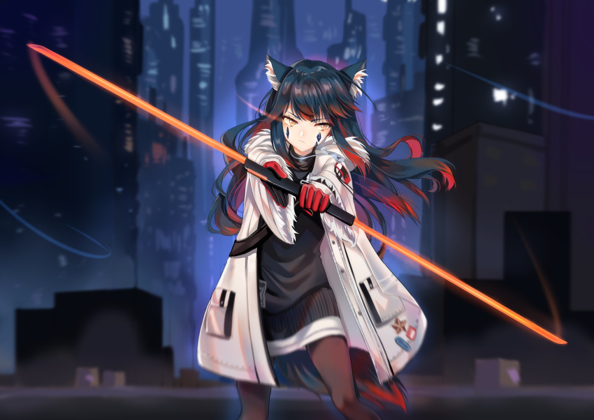 1girl absurdres animal_ear_fluff animal_ears arknights black_gloves black_hair city coat commission english_commentary fur-trimmed_coat fur_trim gloves highres holding holding_sword holding_weapon long_hair looking_at_viewer looking_to_the_side multicolored multicolored_clothes multicolored_gloves multicolored_hair outdoors pocket red_gloves redhead serious sidelocks solo standing sword tail texas_(arknights) urban weapon wolf_ears wolf_girl wolf_tail yaya_chan