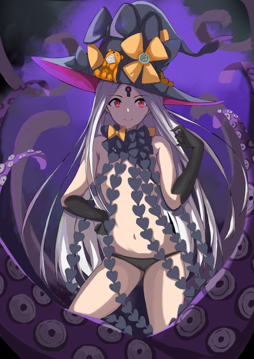 1girl abigail_williams_(fate/grand_order) absurdres blonde_hair bow breasts eyebrows_visible_through_hair fate/grand_order fate_(series) hat highres keyhole lackerlin long_hair looking_at_viewer orange_bow panties purple_bow purple_headwear purple_legwear red_eyes revealing_clothes small_breasts smile stuffed_animal stuffed_toy teddy_bear tentacles thigh-highs underwear very_long_hair violet_eyes
