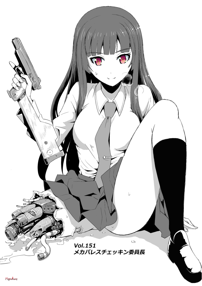 1girl amputee android arm_support ass_visible_through_thighs bangs black_footwear blunt_bangs breasts breath broken collared_shirt full_body gun handgun highres holding holding_gun holding_weapon injury knee_up kneehighs loafers long_hair looking_at_viewer mechanical_parts medium_breasts miniskirt missing_limb necktie number10_(hagakure) original pistol red_eyes school_uniform shirt shoes signature simple_background sitting skirt smile solo spot_color sweat tie_clip trigger_discipline weapon weapon_request white_background