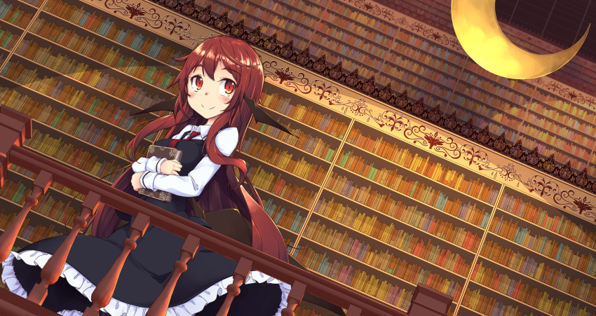 absurdres ayase_yuuki_(mikan_mochi) bat_wings black_skirt black_vest blush book book_hug bookshelf breasts collared_shirt commentary_request cowboy_shot crescent dress_shirt dutch_angle frilled_skirt frills head_wings highres holding holding_book indoors koakuma library long_hair long_sleeves looking_at_viewer low_wings medium_breasts necktie railing red_eyes red_neckwear redhead shirt sidelocks skirt skirt_set smile too_many too_many_books touhou very_long_hair vest voile white_shirt wings