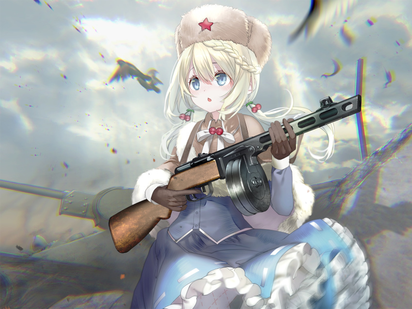 1girl :o bangs bird blonde_hair blue_eyes blue_skirt blush braid branch brown_gloves brown_headwear cherry cherry_hair_ornament clouds food food_themed_hair_ornament frilled_skirt frills fruit fur_hat fur_trim girls_frontline gloves gun hair_ornament hat highres holding holding_gun holding_weapon long_hair long_sleeves outdoors pottsness ppsh-41 ppsh-41_(girls_frontline) ribbon skirt sky solo star_(symbol) submachine_gun twintails ushanka weapon white_legwear white_ribbon