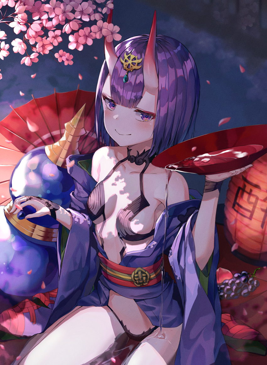 1girl absurdres alcohol bangs bare_shoulders blush bob_cut breasts bridal_gauntlets cherry_blossoms closed_mouth collarbone cup eyeliner fate/grand_order fate_(series) flower food fruit fruit_bowl gourd grapes gyungsin headpiece highres horns huge_filesize japanese_clothes kimono lantern long_sleeves looking_at_viewer makeup obi off_shoulder oni oni_horns oriental_umbrella paper_lantern peach petals pouring_onto_self purple_hair purple_kimono revealing_clothes sakazuki sake sash short_hair shuten_douji_(fate/grand_order) sitting skin-covered_horns small_breasts smile thighs umbrella violet_eyes wide_sleeves