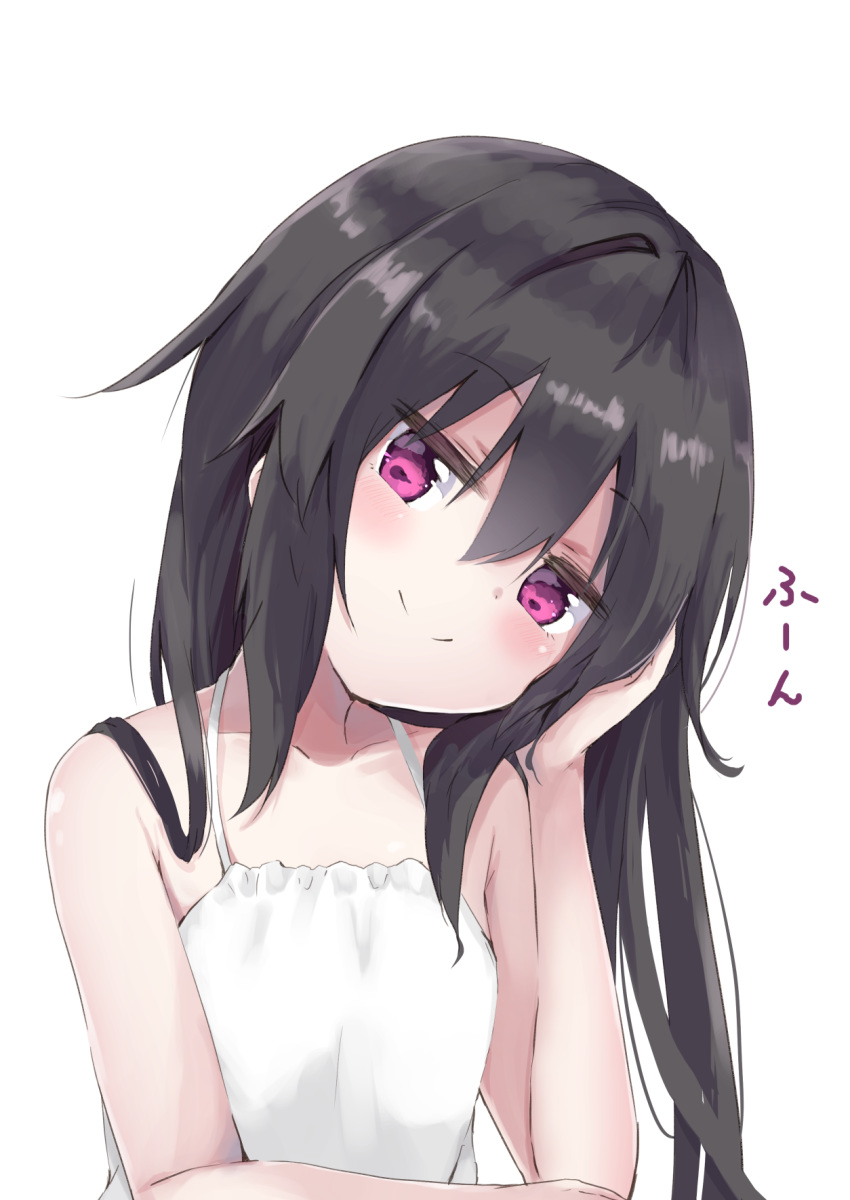 1girl amano_kouki bangs bare_arms bare_shoulders black_hair blush closed_mouth commentary_request dress eyebrows_visible_through_hair hair_between_eyes hand_up head_tilt highres long_hair looking_at_viewer note-chan original simple_background sleeveless sleeveless_dress smile solo translation_request upper_body violet_eyes white_background white_dress