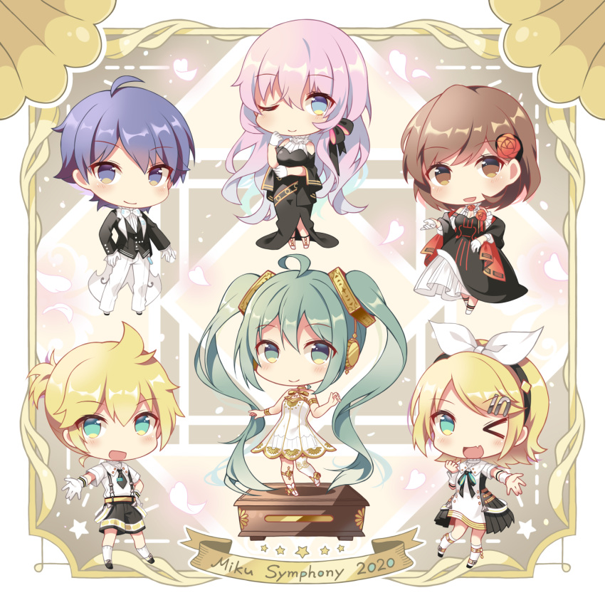 &gt;_o 2boys 4girls :d ;) ;d ahoge bare_shoulders black_bow black_dress black_hairband black_jacket black_shorts black_vest blonde_hair blue_eyes blue_hair bow breasts brother_and_sister brown_eyes brown_hair chibi closed_mouth collared_dress commentary_request dress flower gloves green_eyes green_hair hair_bow hair_flower hair_ornament hair_ribbon hairband hand_on_hip hatsune_miku highres jacket kagamine_len kagamine_rin kaito medium_breasts megurine_luka meiko miku_symphony_(vocaloid) multiple_boys multiple_girls one_eye_closed open_clothes open_jacket open_mouth outstretched_arm pants pink_hair red_flower red_rose ribbon rose shiro_kuma_shake shirt short_sleeves shorts siblings single_thighhigh smile strapless strapless_dress suspender_shorts suspenders thigh-highs twintails vest vocaloid white_bow white_dress white_gloves white_legwear white_pants white_ribbon white_shirt