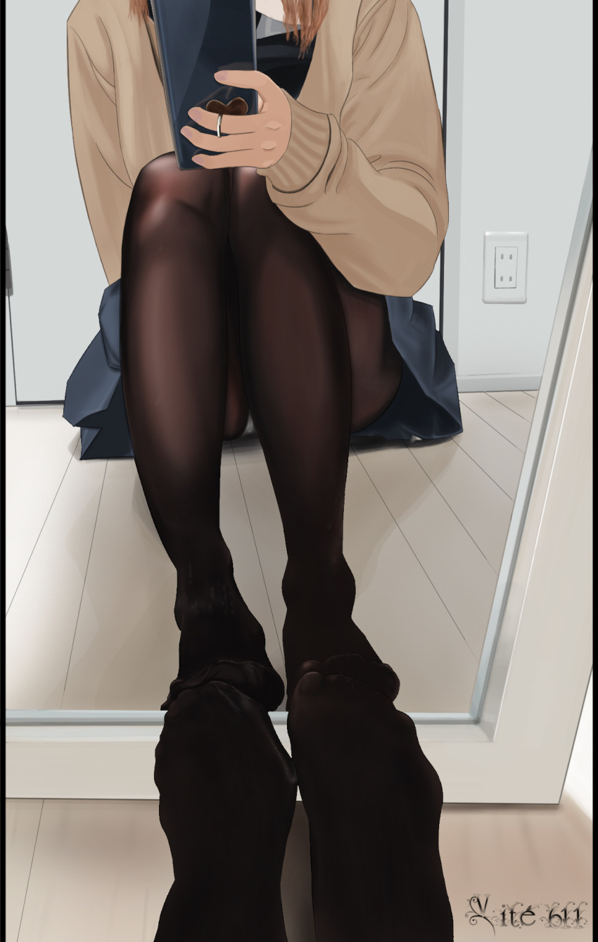 1girl artist_name blue_skirt brown_hair brown_legwear cellphone electric_socket facing_viewer head_out_of_frame highres indoors jewelry knees_up long_sleeves mirror original panties panties_under_pantyhose pantyhose phone ring sitting skirt solo underwear vite611