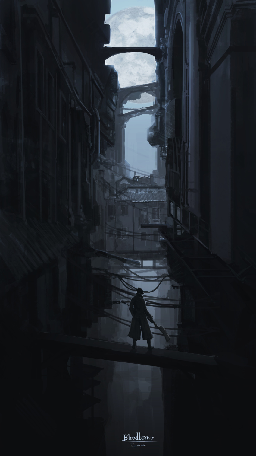 1other absurdres ambiguous_gender bloodborne brown_coat building city coat copyright_name doodle facing_away from_behind hat highres holding holding_weapon hunter_(bloodborne) moon outdoors ruins saw_cleaver scenery signature solo standing tripdancer weapon widescreen