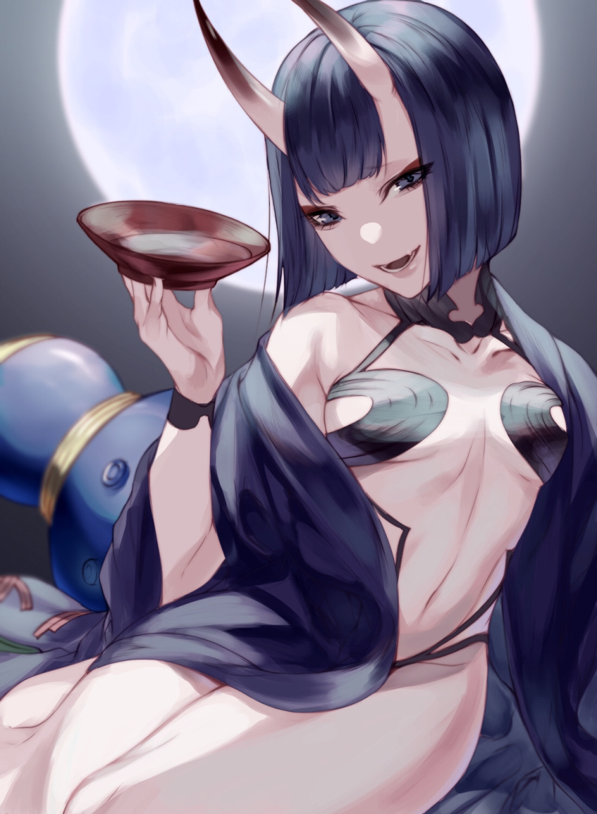 1girl alcohol artist_request bangs bare_shoulders bob_cut breasts collarbone cup eyeliner fate/grand_order fate_(series) full_moon gourd highres horns japanese_clothes kimono long_sleeves looking_at_viewer makeup moon navel night night_sky off_shoulder oni oni_horns open_clothes open_kimono open_mouth purple_hair purple_kimono revealing_clothes sakazuki sake short_hair shuten_douji_(fate/grand_order) skin-covered_horns sky small_breasts smile thighs violet_eyes wide_sleeves