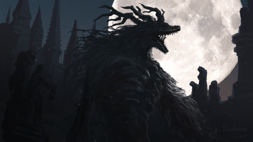 antlers bloodborne castle cleric_beast commentary copyright_name creature dark full_moon fur highres lamp monster moon night no_humans open_mouth outdoors ribs sharp_teeth statue teeth tripdancer