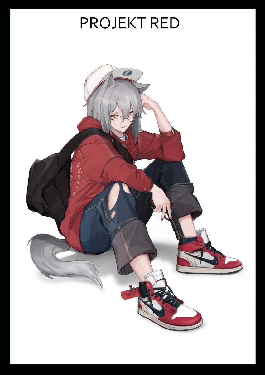 1girl absurdres animal_ears arknights backpack bag baseball_cap black_border border character_name cjmy denim fox_tail glasses gun hat highres hood hooded_jacket jacket jeans nike pants projekt_red_(arknights) red_jacket shoes sneakers tail torn_clothes weapon white_background wolf_ears wolf_girl yellow_eyes