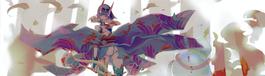 1girl backlighting bangs bare_shoulders blood blood_on_face bloody_clothes bob_cut breasts bridal_gauntlets collarbone eyeliner fate/grand_order fate_(series) headpiece highres horns japanese_clothes kimono long_sleeves looking_at_viewer makeup obi off_shoulder oni oni_horns pointy_ears purple_hair purple_kimono revealing_clothes sash short_hair shuten_douji_(fate/grand_order) skin-covered_horns small_breasts sword taitaip thighs violet_eyes weapon wide_sleeves