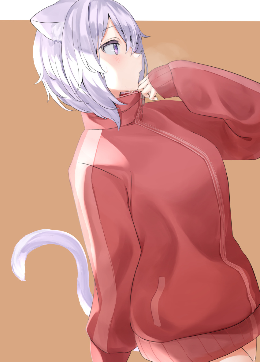 1girl absurdres animal_ear_fluff animal_ears blush breath brown_background cat_ears cat_tail eyebrows_visible_through_hair from_side highres hololive jacket nametarou_(meron) nekomata_okayu parted_lips profile purple_hair red_jacket sleeves_past_wrists solo sweat symbol_commentary tail track_jacket violet_eyes virtual_youtuber zipper