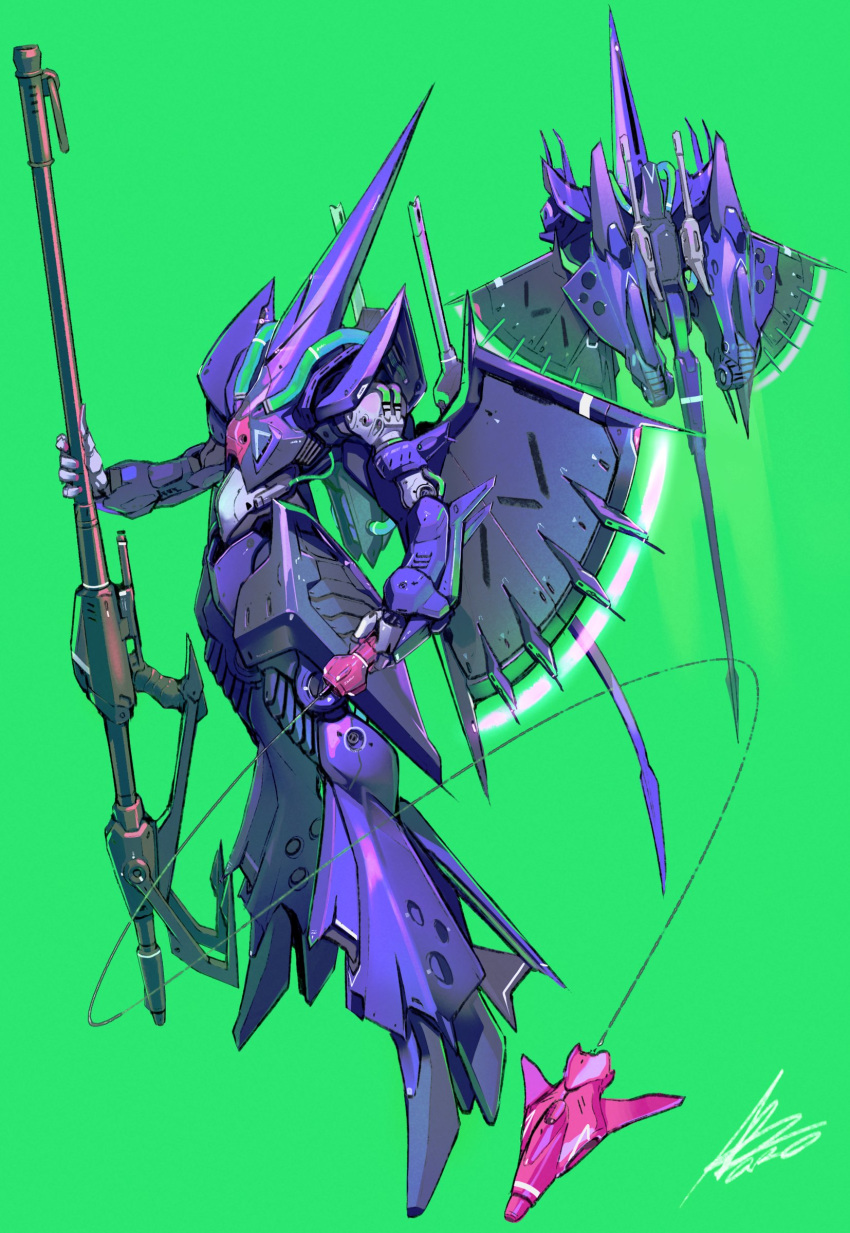 absurdres afukuro flying glowing glowing_eye green_background gun gundam hambrabi highres holding holding_gun holding_weapon looking_at_viewer mecha multiple_views one-eyed pink_eyes redesign solo_focus weapon zeta_gundam