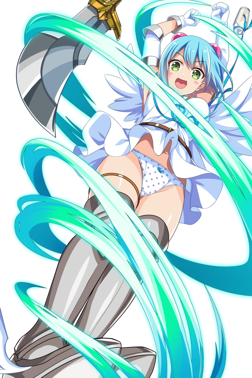 1girl absurdres angel_wings arm_up artist_request asymmetrical_wings blue_hair bow bow_panties breasts company_connection elbow_gloves full_body gloves greaves green_eyes hair_bobbles hair_ornament highres looking_at_viewer nanael official_art open_mouth panties polka_dot polka_dot_panties queen's_blade queen's_blade_unlimited queen's_blade_white_triangle short_hair solo thighs underwear white_background white_gloves white_wings winged_footwear wings