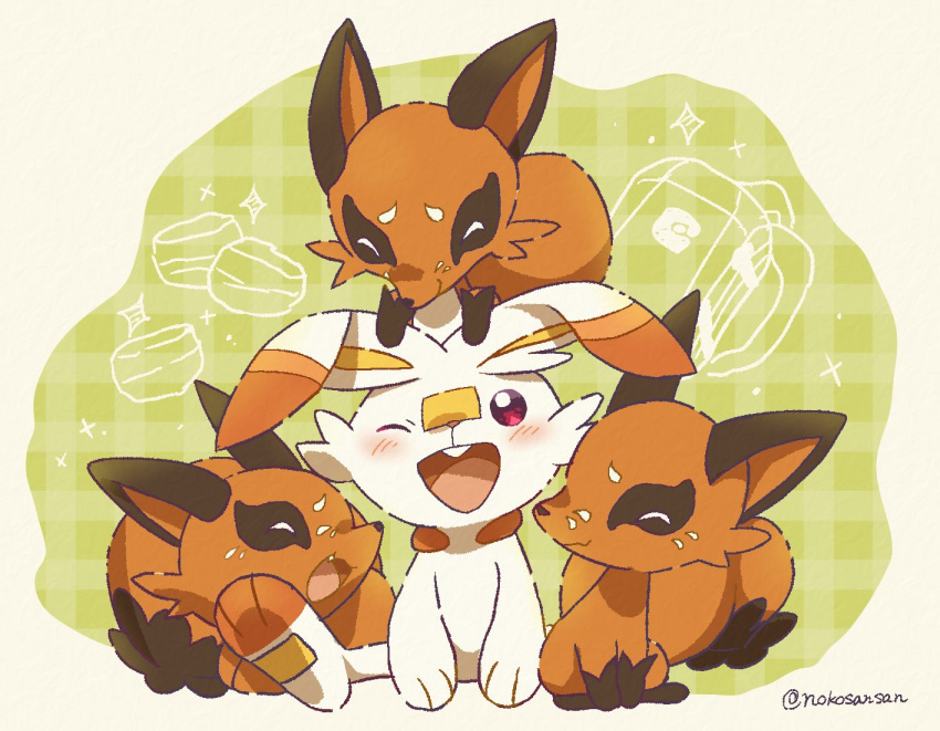 artist_name blush closed_mouth commentary_request fang gen_8_pokemon looking_up nickit no_humans on_head one_eye_closed open_mouth pink_eyes pokemon pokemon_(creature) pokemon_on_head roku_(rokkrn) scorbunny sitting smile spread_legs starter_pokemon tongue