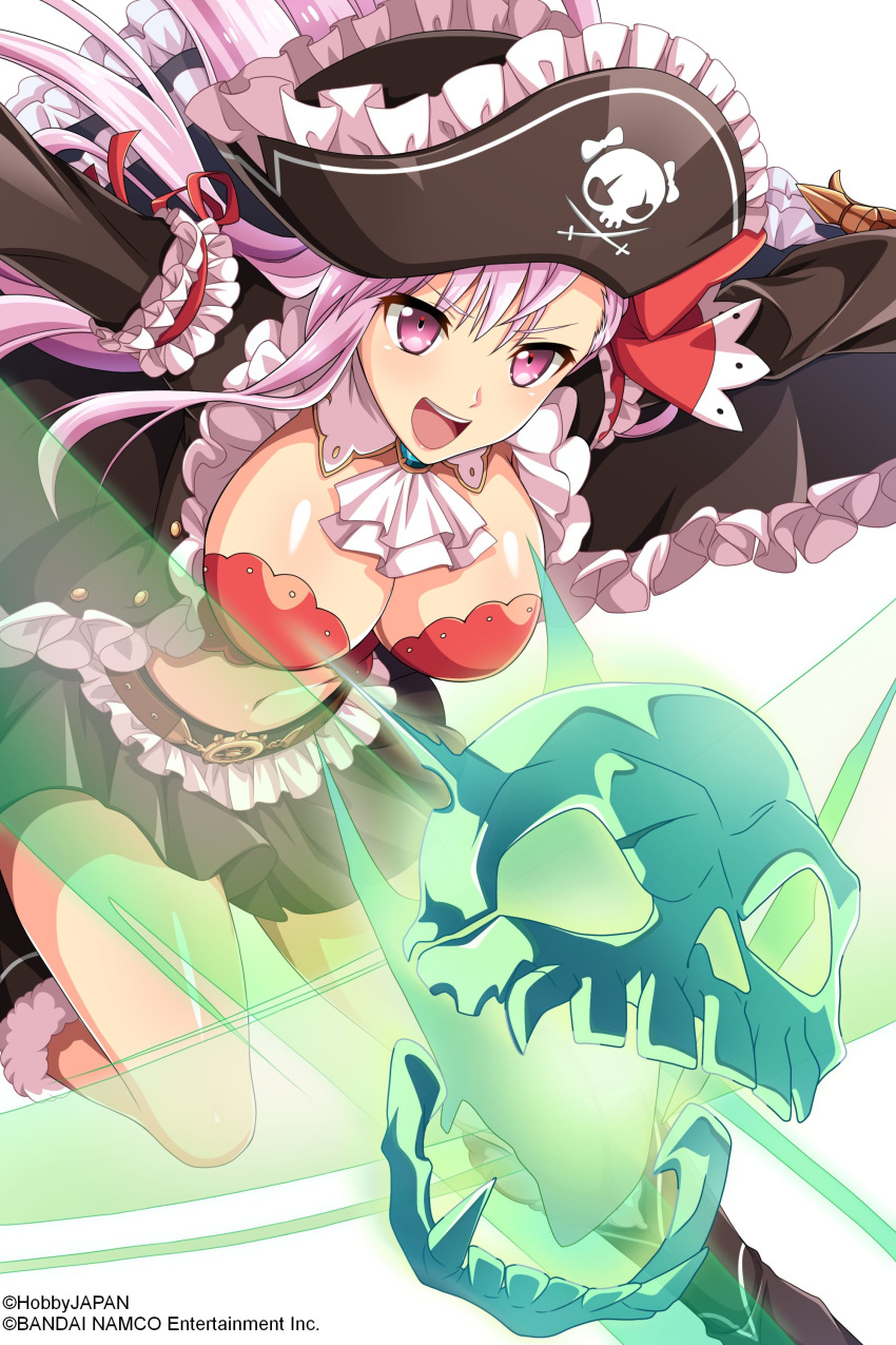 1girl absurdres bangs belt blush boots breasts captain_liliana frills hat highres knee_boots large_breasts leg_up long_sleeves midriff miniskirt navel official_art open_mouth pink_hair pirate_hat queen's_blade queen's_blade_rebellion queen's_blade_white_triangle shiny shiny_hair shiny_skin simple_background skirt skull smile solo stomach violet_eyes white_background