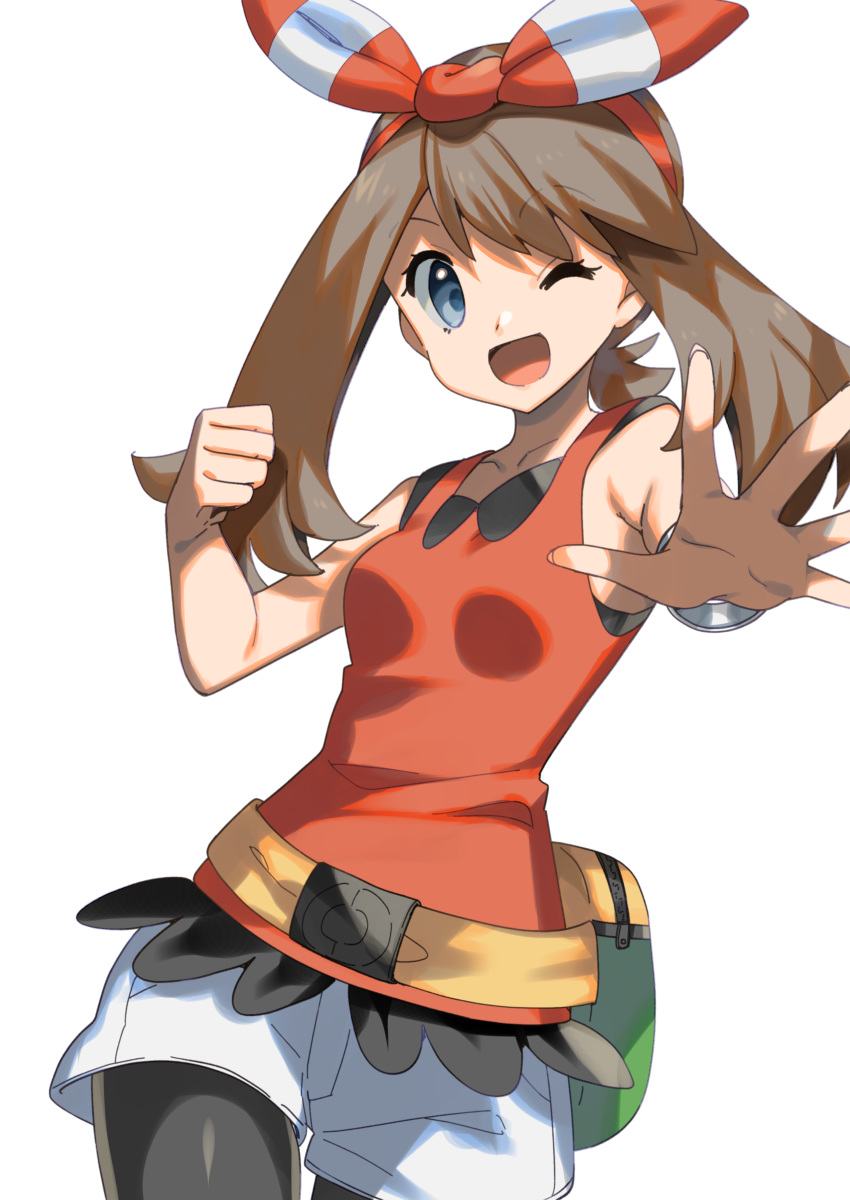 1girl absurdres bangs bike_shorts blue_eyes bow_hairband bracelet breasts brown_hair clenched_hand collarbone commentary_request cowboy_shot eyebrows_visible_through_hair eyelashes fanny_pack fingernails hairband highres jewelry may_(pokemon) one_eye_closed open_mouth pokemon pokemon_(game) pokemon_oras red_hairband red_tank_top shorts solo spread_fingers tank_top tongue white_background white_shorts yuihico