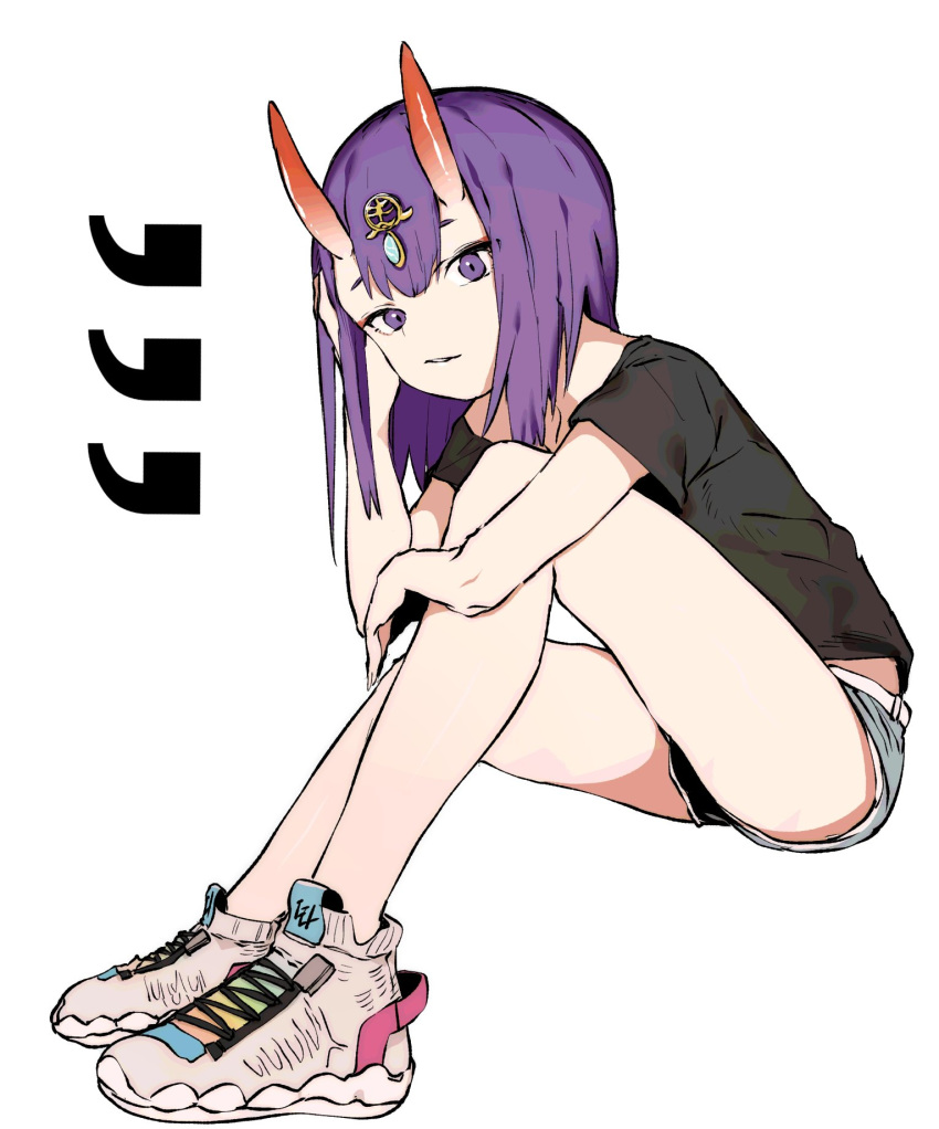 1girl bangs black_shirt bob_cut breasts ddari eyeliner fate/grand_order fate_(series) grey_shorts headpiece highres horns legs looking_at_viewer makeup oni oni_horns purple_hair shirt shoes short_hair short_shorts short_sleeves shorts shuten_douji_(fate/grand_order) simple_background sitting skin-covered_horns small_breasts smile sneakers violet_eyes white_background