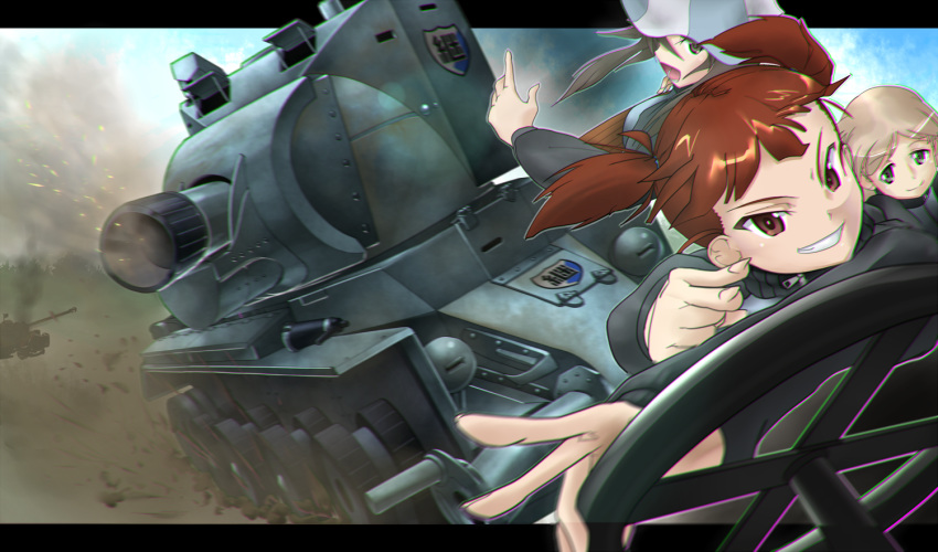 3girls aki_(girls_und_panzer) black_eyes black_hair brown_eyes brown_hair bt-42 caterpillar_tracks commentary_request emblem girls_und_panzer gomibako_(shirokumatei) ground_vehicle hat instrument jacket kantele keizoku_(emblem) keizoku_military_uniform light_brown_eyes light_brown_hair mika_(girls_und_panzer) mikko_(girls_und_panzer) military military_uniform military_vehicle motor_vehicle multiple_girls short_hair smile tank track_jacket tree twintails uniform