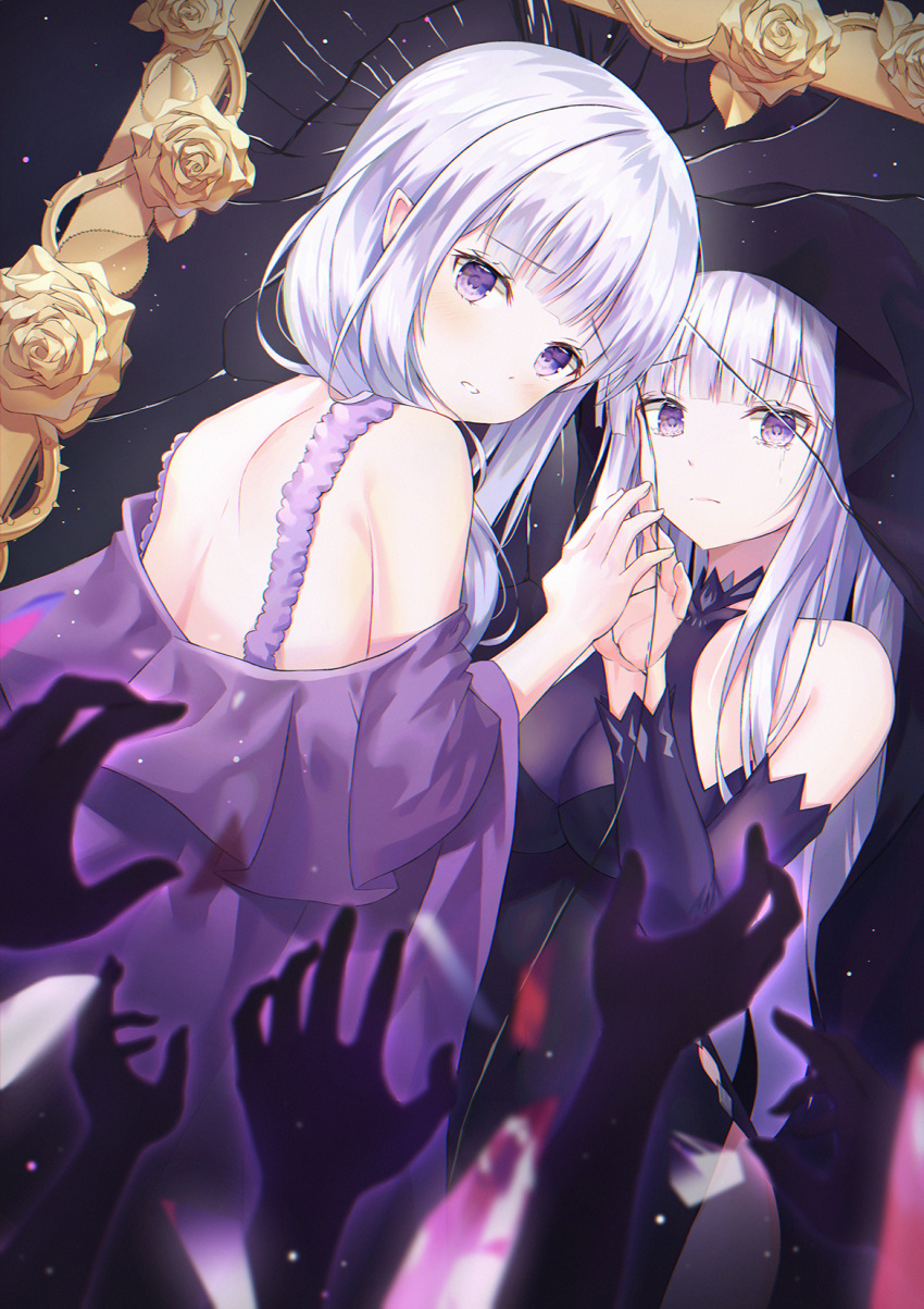 2girls bangs bare_shoulders blunt_bangs blush breasts broken_mirror commentary_request detached_sleeves dress dutch_angle echidna_(re:zero) emilia_(re:zero) eyebrows_visible_through_hair flower from_behind frown hand_up highres hyonee large_breasts long_hair looking_at_viewer mirror multiple_girls multiple_hands parted_lips pointy_ears purple_dress re:zero_kara_hajimeru_isekai_seikatsu reflection rose shoulder_blades sleeveless sleeveless_dress smile spoilers tears teeth