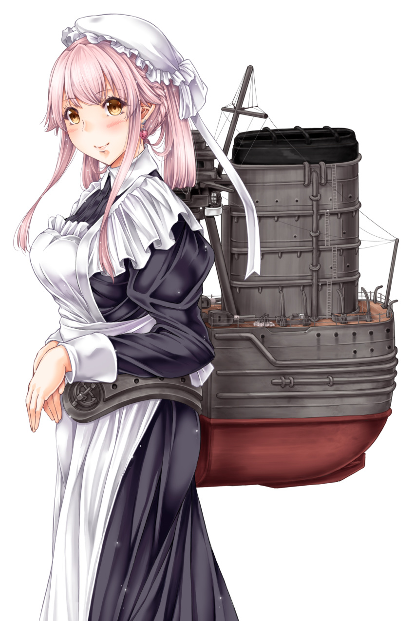 1girl alternate_costume alternate_hairstyle apron black_dress cowboy_shot dress enmaided frilled_apron frills hat highres kantai_collection looking_at_viewer machinery maid mob_cap orange_eyes simple_background smokestack solo standing tsukineko white_apron white_background yura_(kantai_collection)